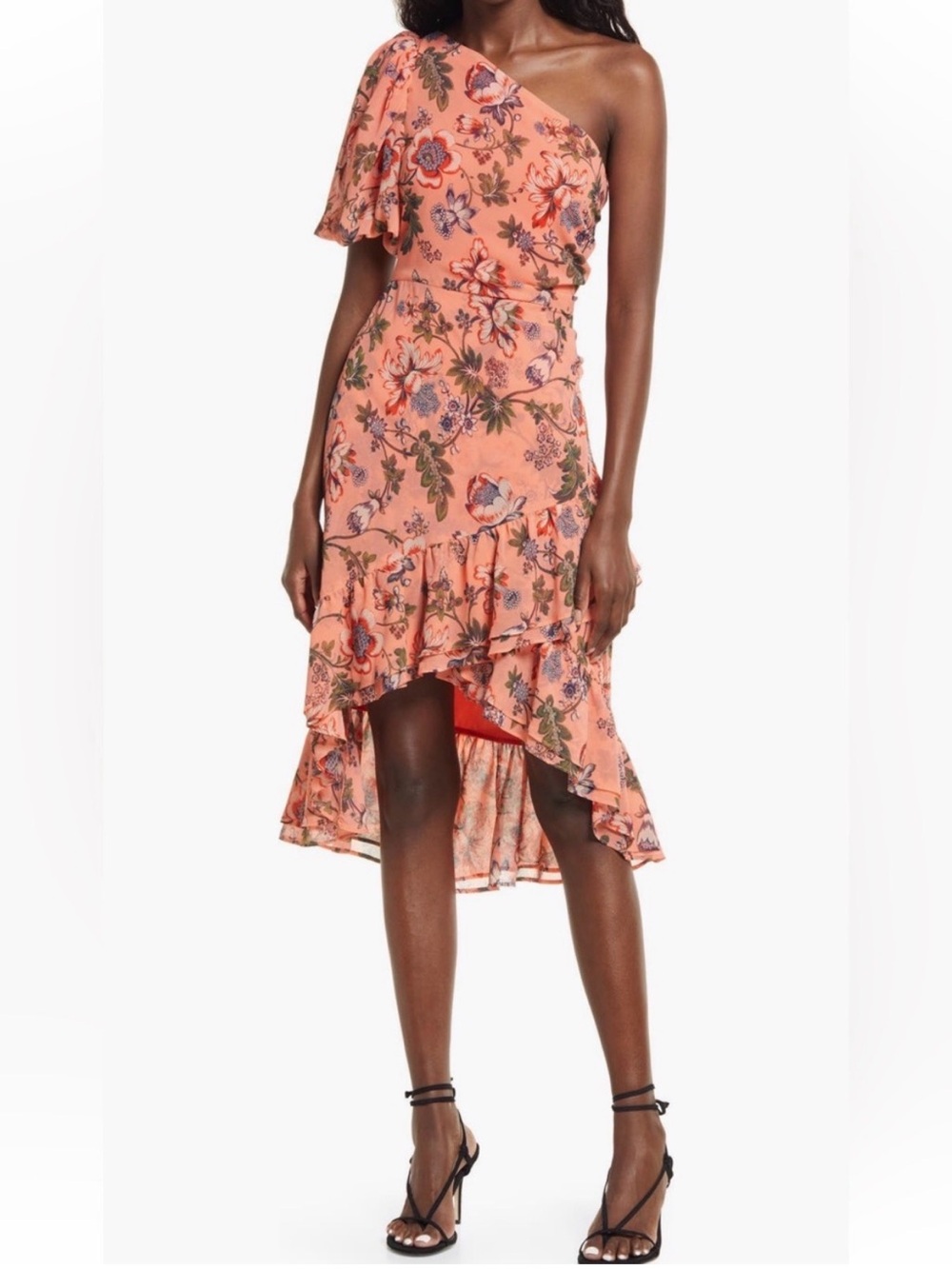 Chelsea28 Coral One-Shoulder Floral Ruffle High-Low Dress